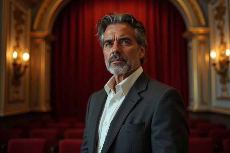 Acteur français emblématique en blazer charbon dans le hall d'un cinéma parisien classique, portrait 3/4 évoquant le cinéma français