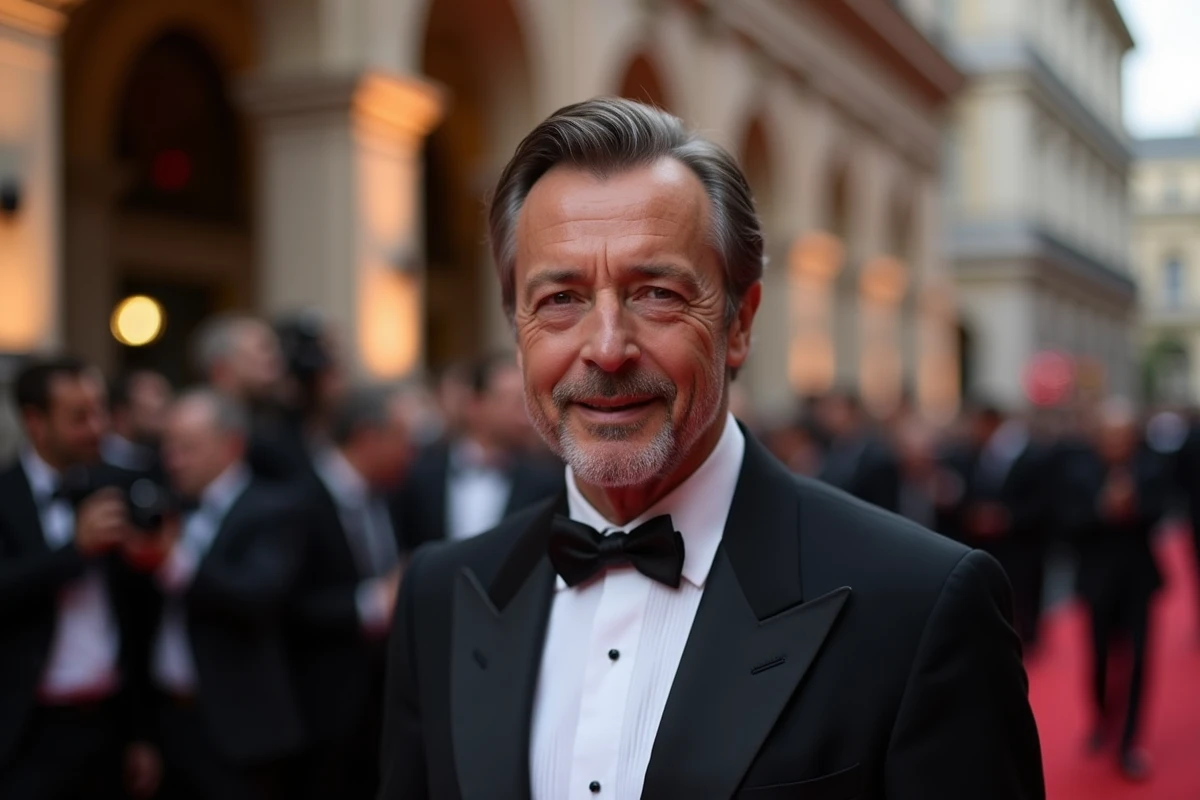 Acteur français en smoking noir sur le tapis rouge d'un festival de cinéma français prestigieux, portrait élégant et réaliste