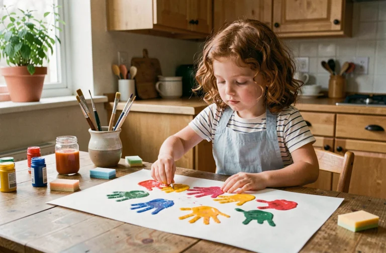 Petite fille faisant de la peinture avec les mains sur une table en bois dans une cuisine familiale chaleureuse, activité créative et éducative pour enfants