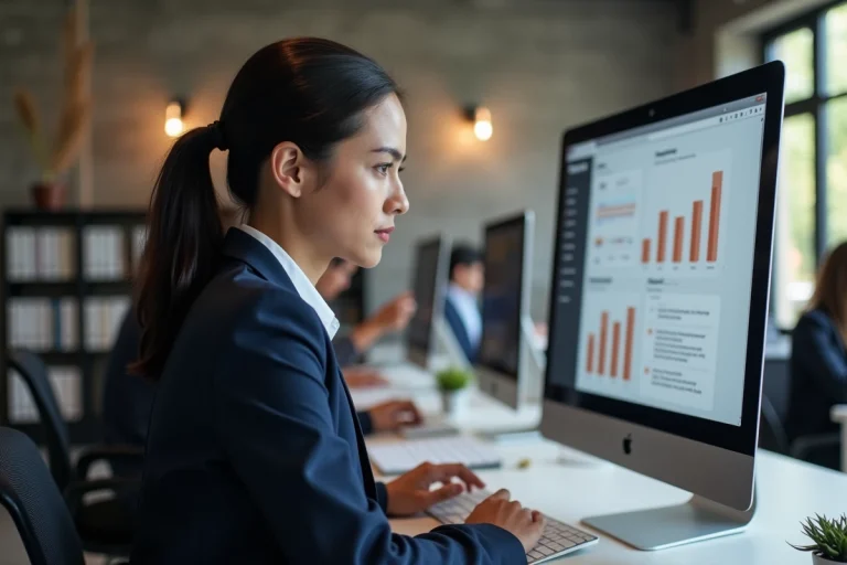 Cheffe de projet digital analysant les performances d'un site web dans une agence web moderne