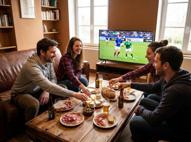 Groupe d'amis réunis autour d'un apéro pendant un match de rugby diffusé sur grand écran dans un salon convivial