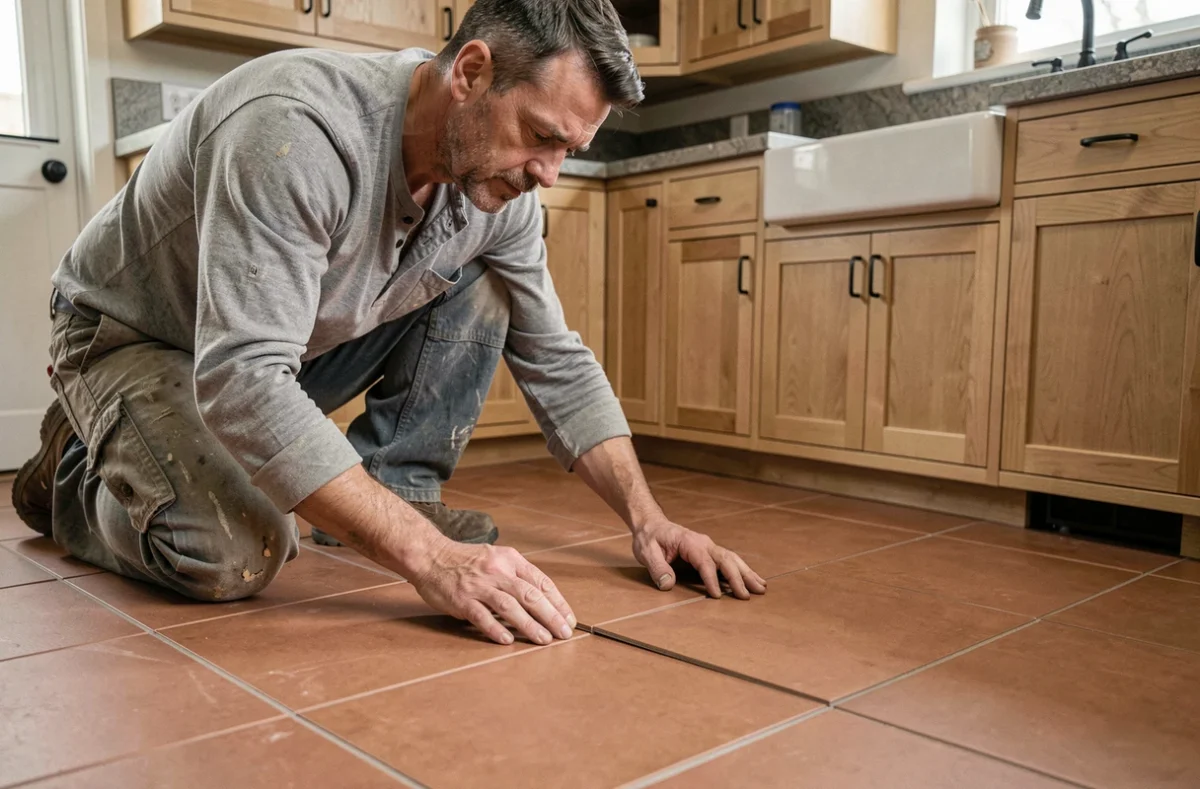 Artisan posant des carreaux en terre cuite dans une cuisine de maison de campagne en cours de rénovation