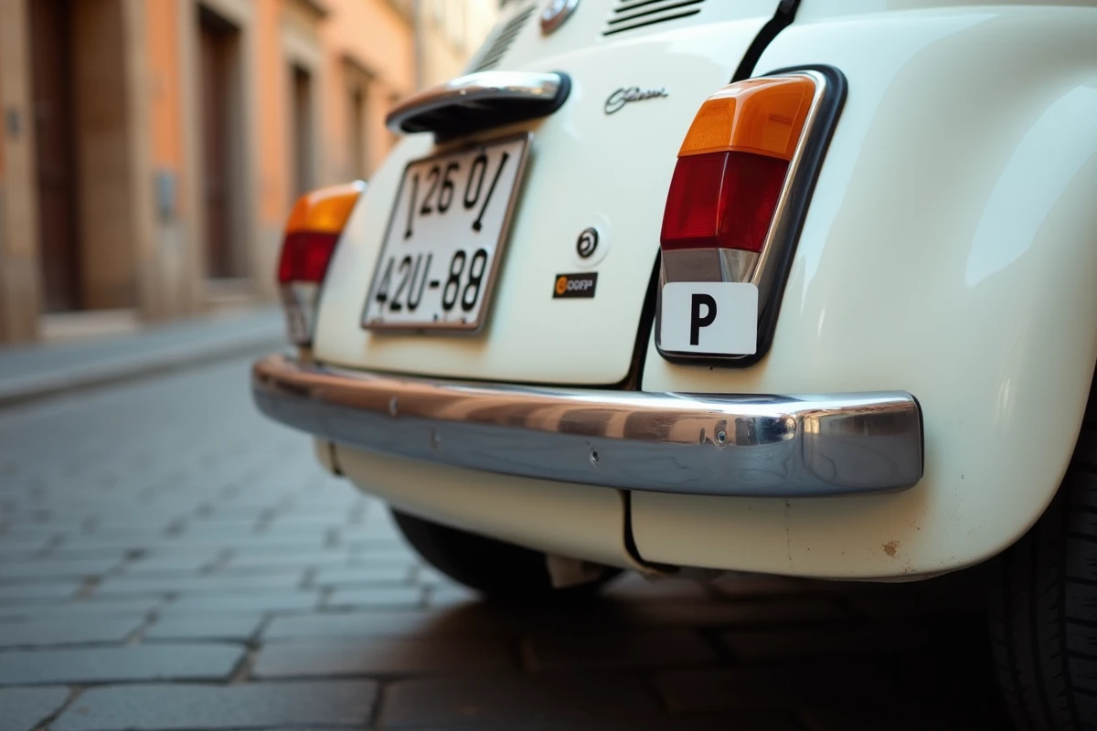 Autocollant P de conducteur novice collé sur la plaque arrière d'une Fiat 500 blanche dans une rue pavée de Rome