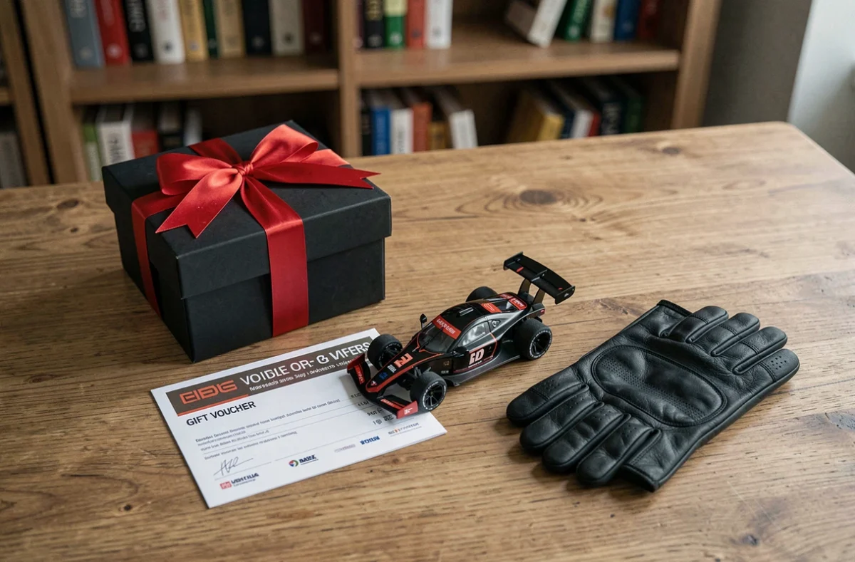 Bon cadeau stage de pilotage posé sur un bureau en bois avec une voiture miniature, des gants de conduite et un coffret cadeau noir et rouge