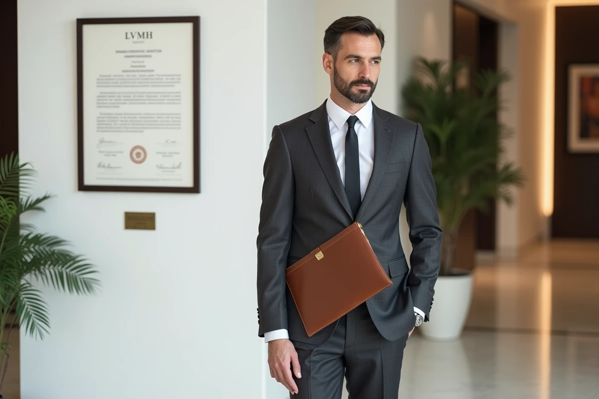 Cadre professionnel certifié LVMH posant devant son certificat dans un espace corporate élégant