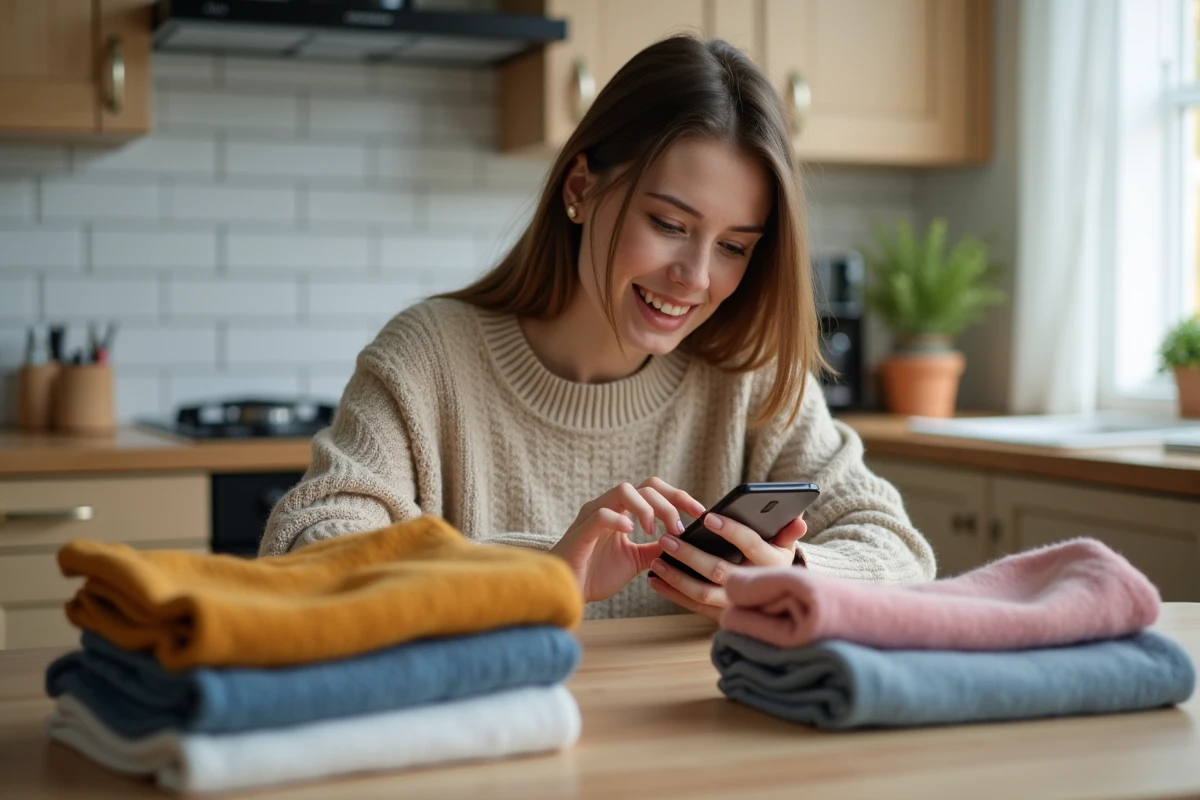 Jeune femme calculant les frais de port Vinted sur son smartphone entourée de vêtements d'occasion pliés sur une table en bois