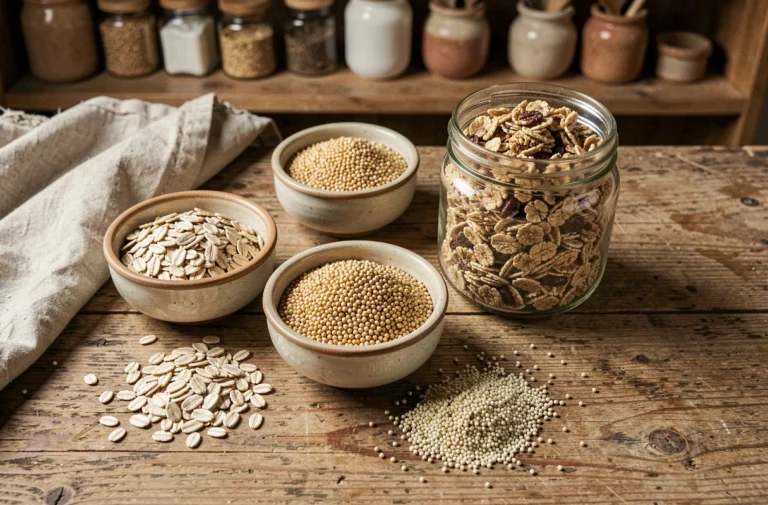 Assortiment de céréales caloriques dans des bols en céramique sur une table en bois rustique, vue de dessus