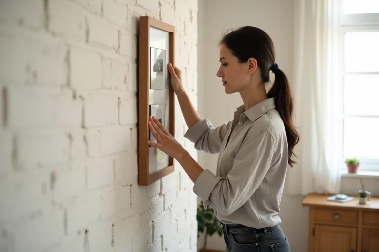 Femme collant un tableau décoratif sur un mur crépi blanc sans percer, dans un salon lumineux