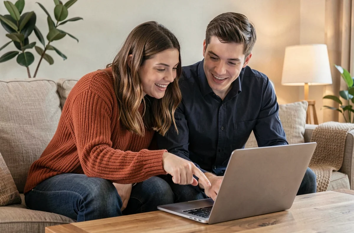 Jeune couple comparant ensemble des offres de banques en ligne sur un ordinateur portable dans leur salon