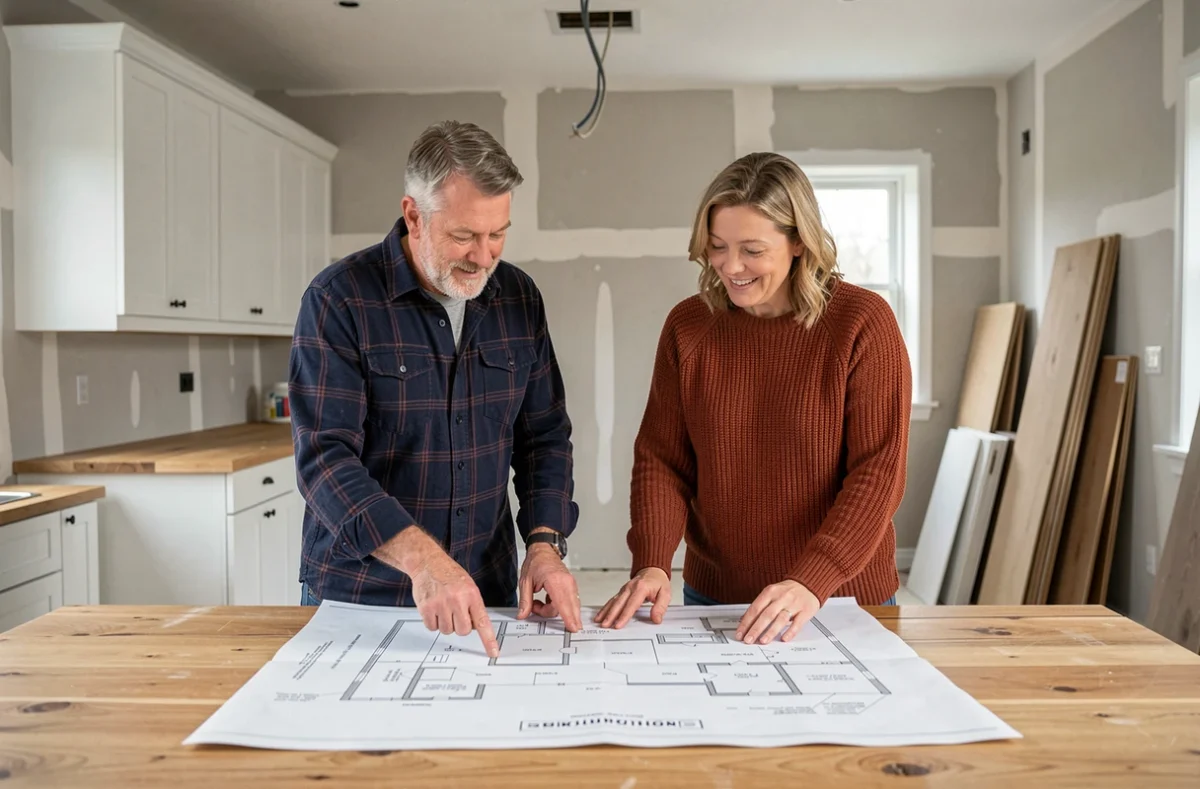 Couple examinant les plans de rénovation d'une cuisine moderne partiellement rénovée, avec éléments de construction visibles en arrière-plan