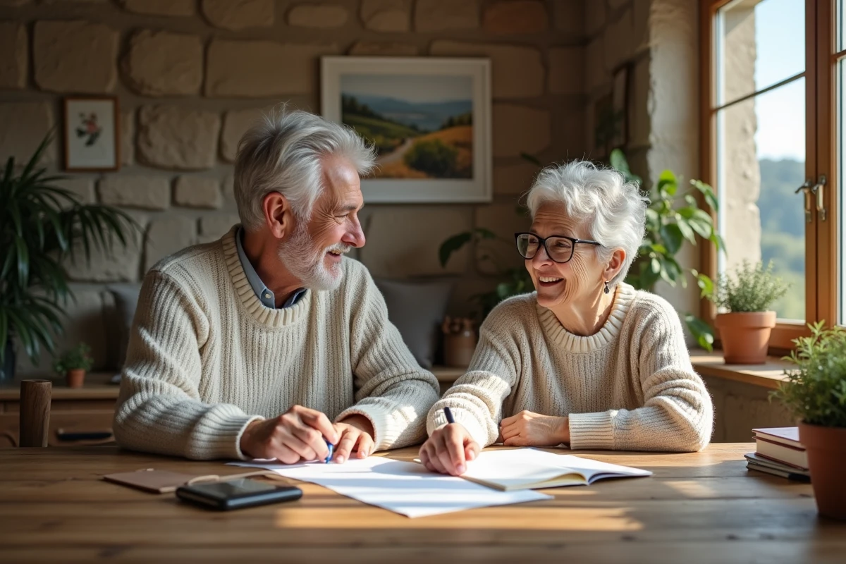 Couple discutant autour d une table dans un salon lumineux