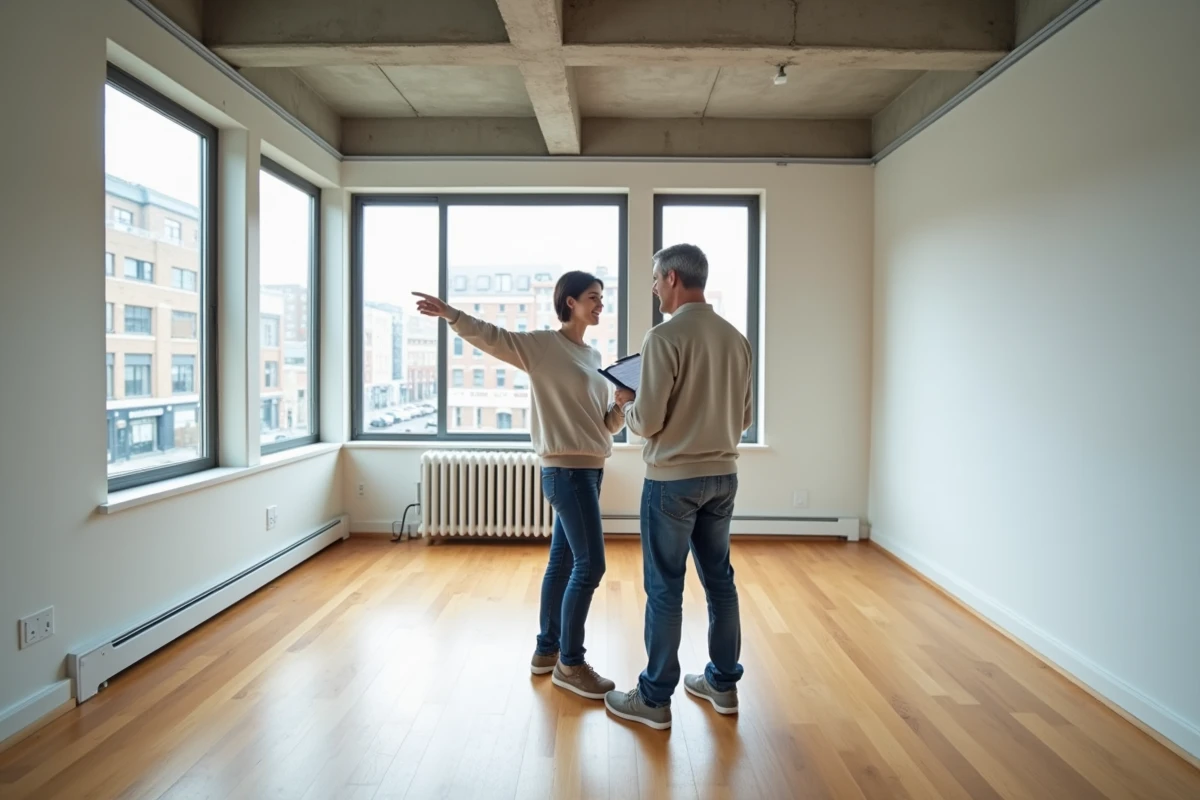 Couple visitant un appartement vide lors d'une recherche de bien immobilier à louer