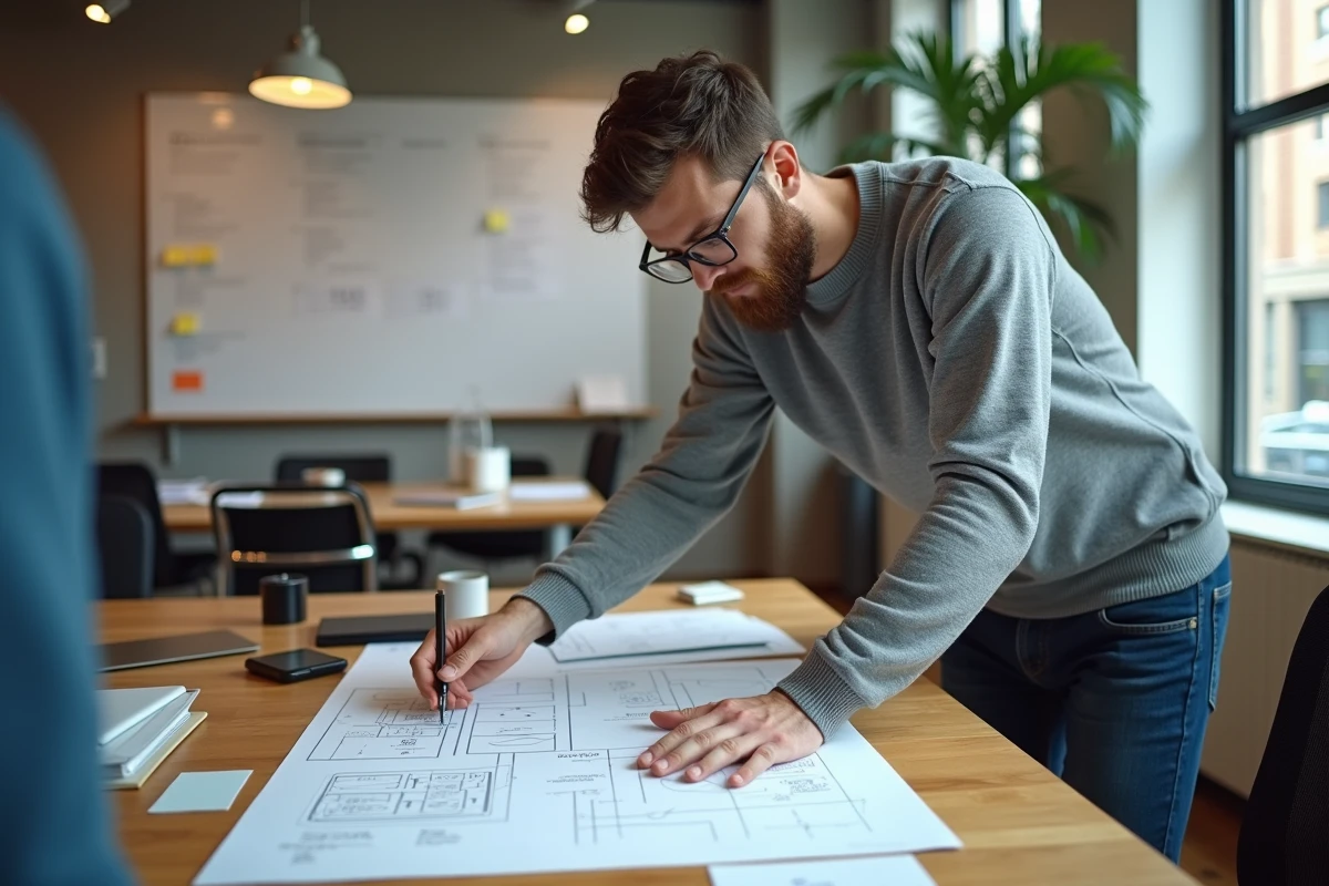 Designer UX discutant d'une refonte de site web avec des maquettes dans une agence digitale