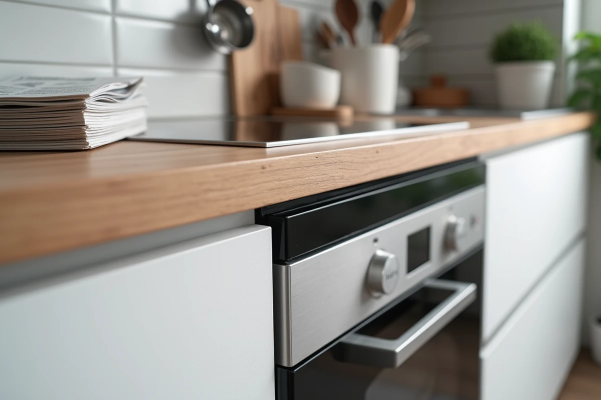 Détail de l'espace de séparation entre un lave-vaisselle et un four encastré avec joint thermique dans un meuble de cuisine blanc