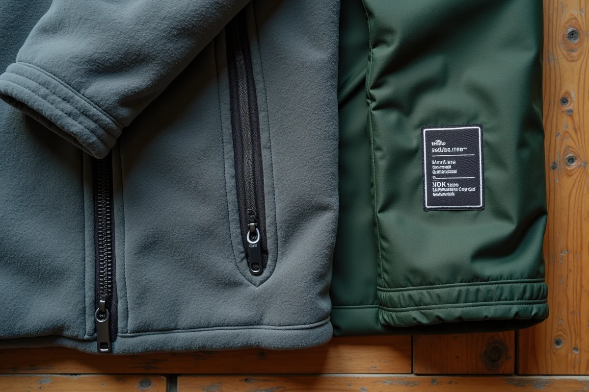 Détails de fabrication d'un vêtement The North Face en gros plan, mettant en valeur les matériaux techniques et les finitions de haute qualité justifiant le prix élevé
