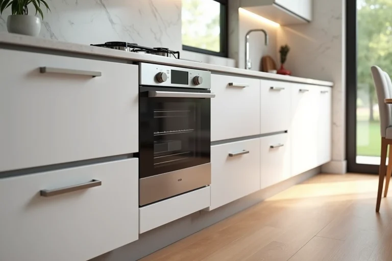 Lave-vaisselle et four encastrés côte à côte dans une cuisine moderne avec un espace de séparation visible entre les deux appareils