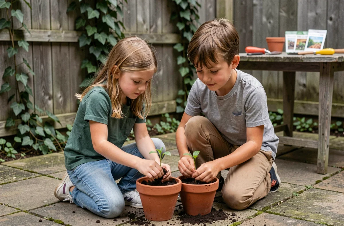 Deux enfants qui plantent des graines dans des pots en terre cuite dans un jardin, activité éducative nature et jardinage en famille