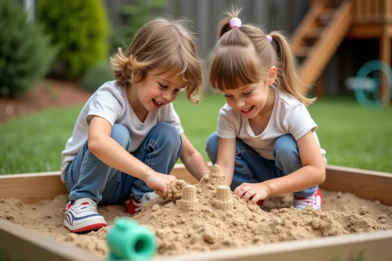 Deux enfants construisent un château de sable dans un jardin