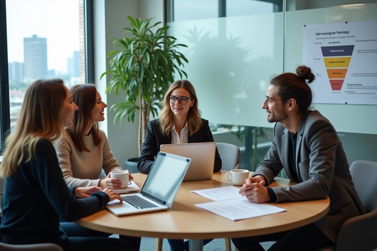 Équipe d'une agence web élaborant une stratégie de présence en ligne autour d'une table de réunion
