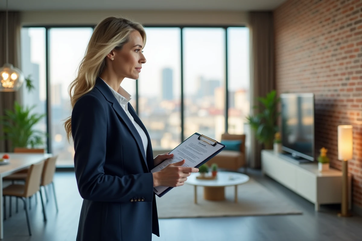 Professionnelle de l'immobilier évaluant un appartement moderne lors d'une estimation immobilière