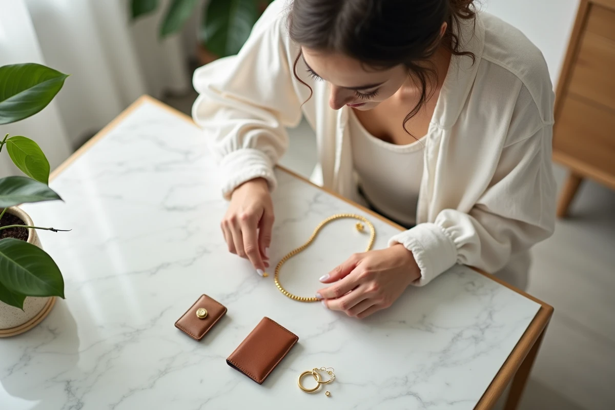 Femme arrangeant des accessoires dorés et en cuir sur une vanité en marbre dans une chambre lumineuse