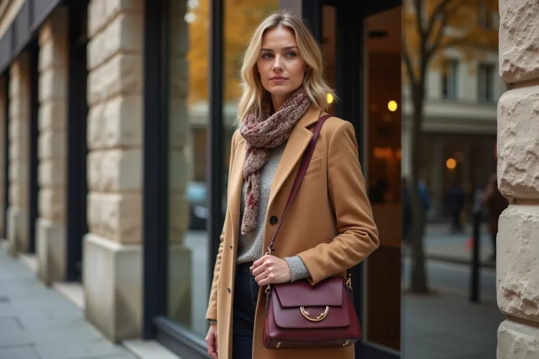 Femme élégante portant un sac en cuir bordeaux et un foulard en soie dans une rue parisienne en automne