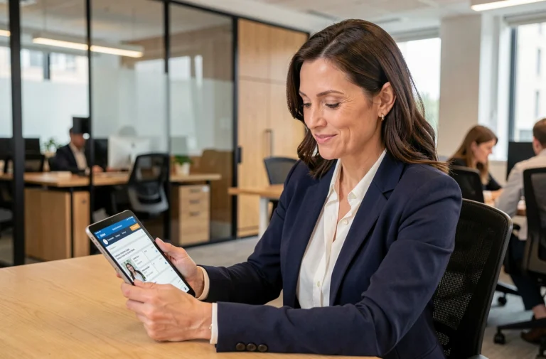 Femme d'affaires consultant une plateforme en ligne pour acheter ou vendre une entreprise sur une tablette numérique dans un bureau moderne