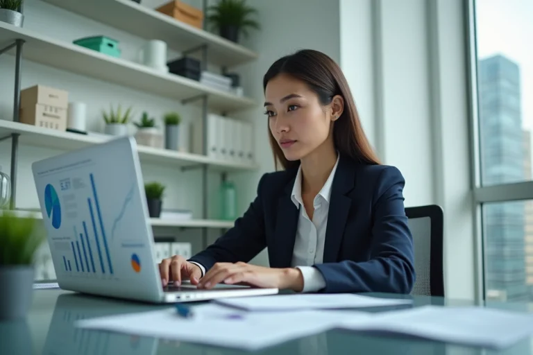 Femme d'affaires concentrée sur son ordinateur dans un bureau lumineux