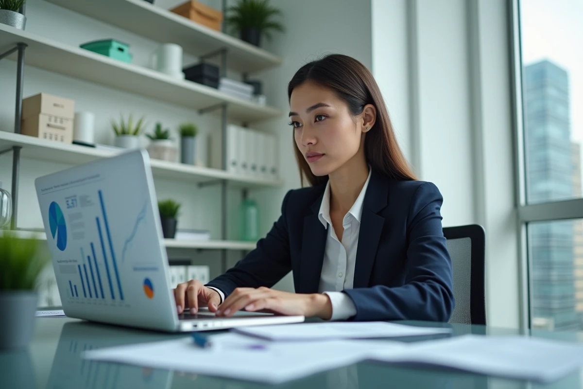Femme d'affaires concentrée sur son ordinateur dans un bureau lumineux