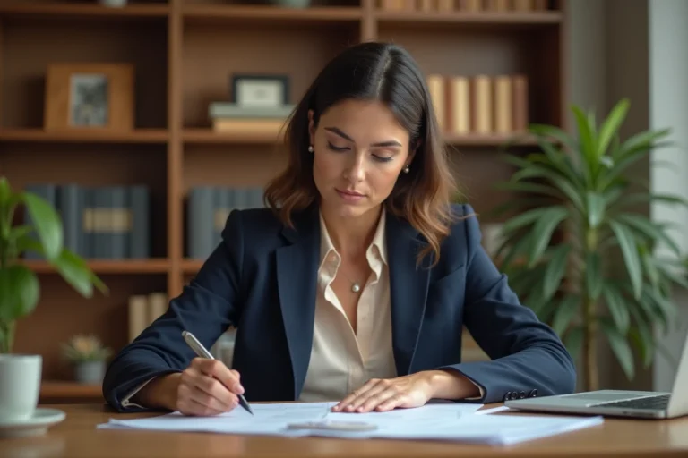 Femme agent immobilier vérifiant un contrat de location sur un bureau en bois dans un bureau moderne