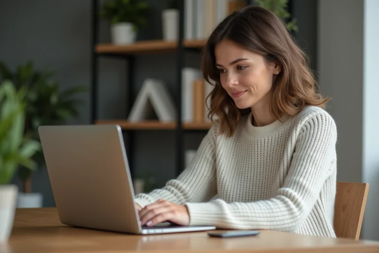 Femme au bureau à domicile utilisant son ordinateur portable