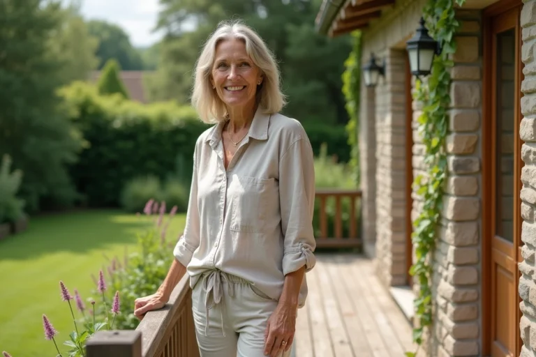 Femme souriante en terrasse de campagne paisible