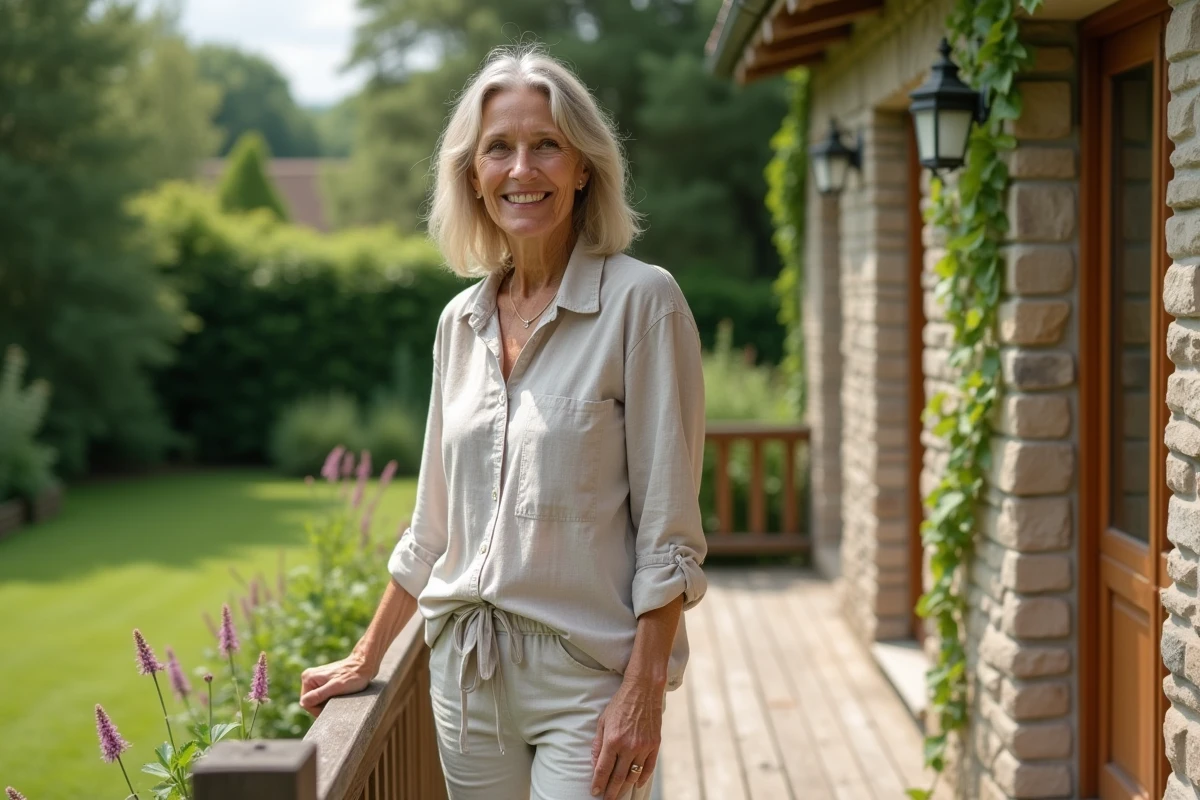 Femme souriante en terrasse de campagne paisible