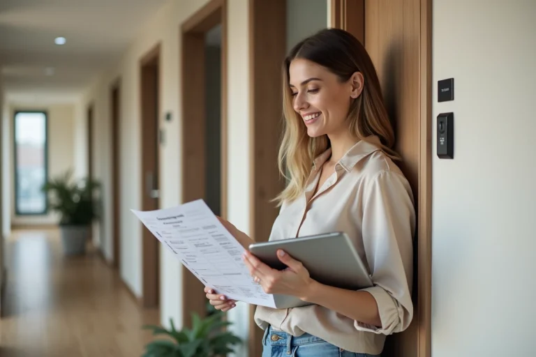 Femme examinant une checklist dans un couloir d'appartement