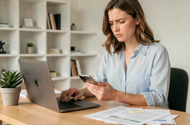 Femme comparant des applications de banque en ligne sur ordinateur portable et smartphone dans un bureau à domicile moderne