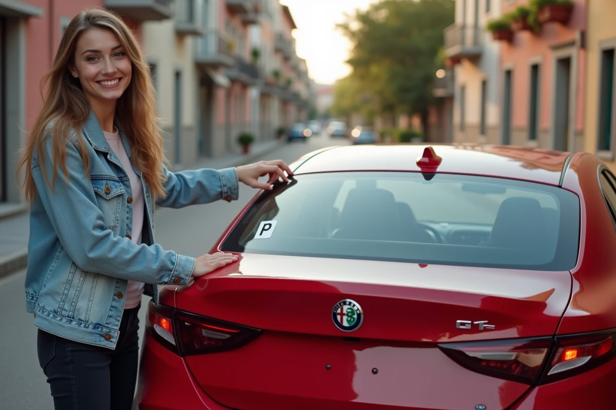 Jeune femme italienne désignant le panneau P de conducteur débutant sur sa voiture rouge dans une rue résidentielle italienne