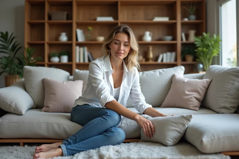 Jeune femme arrangeant des coussins dans un salon moderne