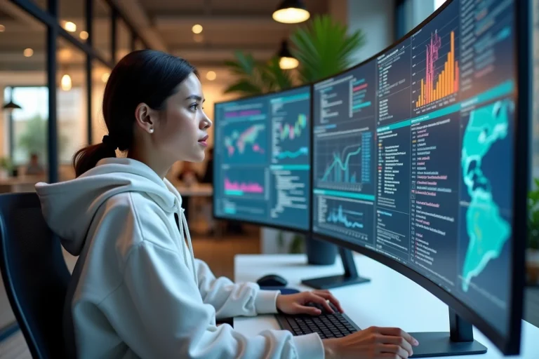 Femme développeuse travaillant sur un écran incurvé avec des interfaces de données dans un bureau tech moderne en 2024
