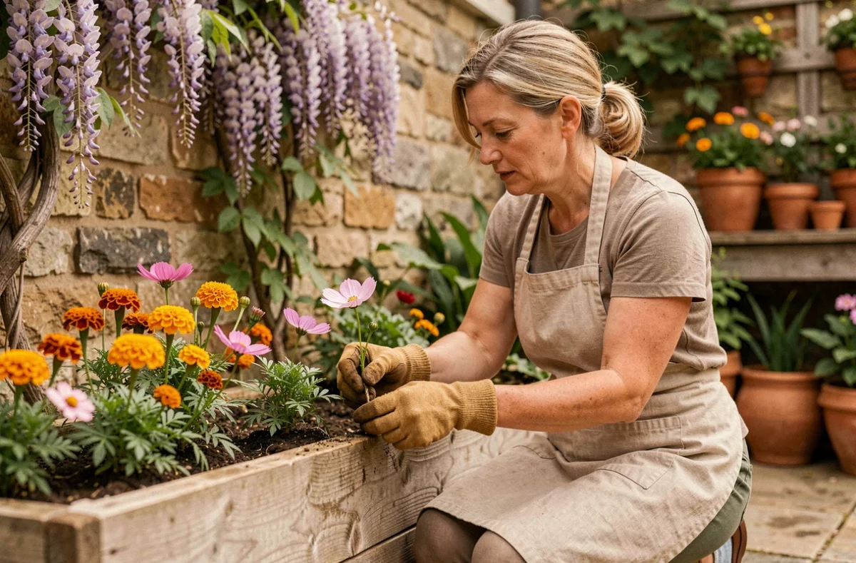 Femme jardinant dans un jardin de cottage, repiquant des fleurs saisonnières dans un bac en bois surélevé