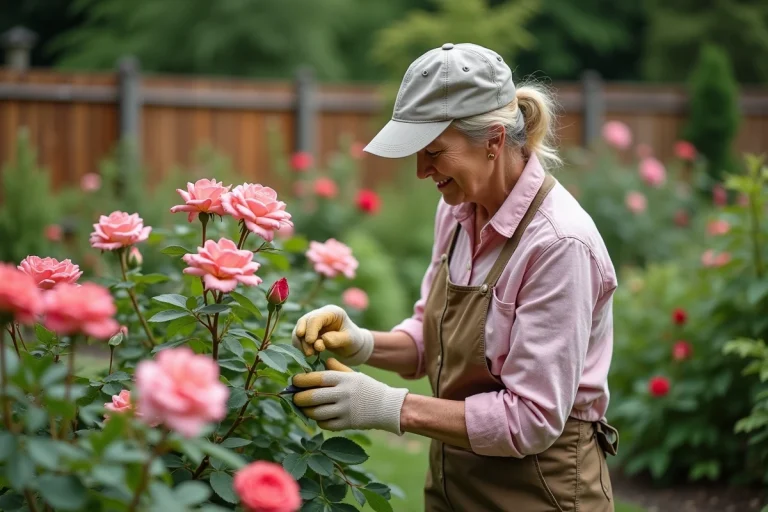 Femme d'âge moyen taillant des rosiers dans un jardin coloré