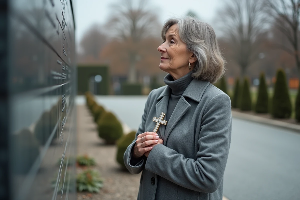 Femme en manteau gris tenant un petit croix dans un jardin de mémoire