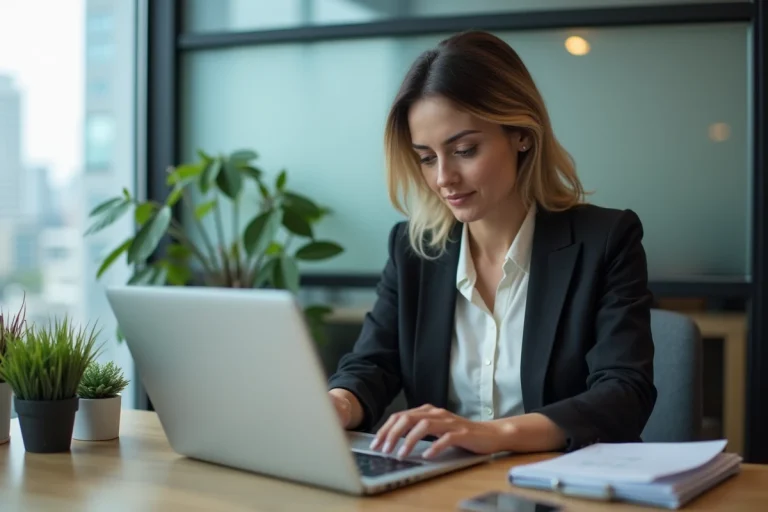 Femme professionnelle concentrée sur son ordinateur dans un bureau moderne