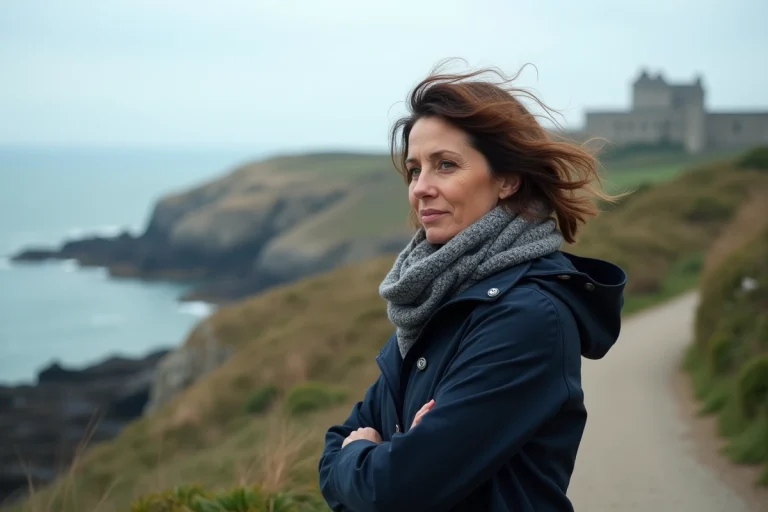Femme en manteau sur le sentier côtier de Saint-Malo