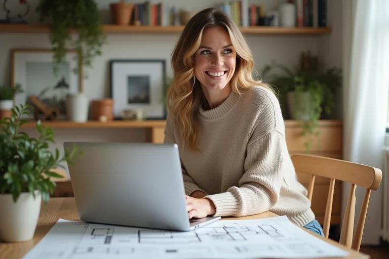 Femme souriante dans un intérieur scandinave pour rénovation