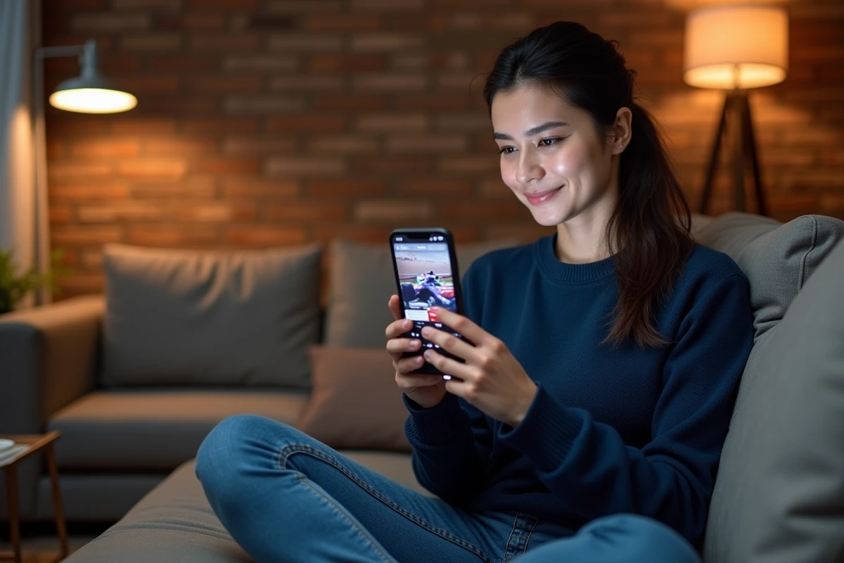 Femme utilisant l'application RTBF Sport sur smartphone pour suivre la Formule 1 depuis l'étranger avec un VPN