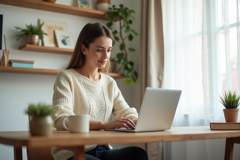 Femme travaillant depuis chez elle à son bureau en bois avec un ordinateur portable, tasse de café et plante verte dans un home office cosy