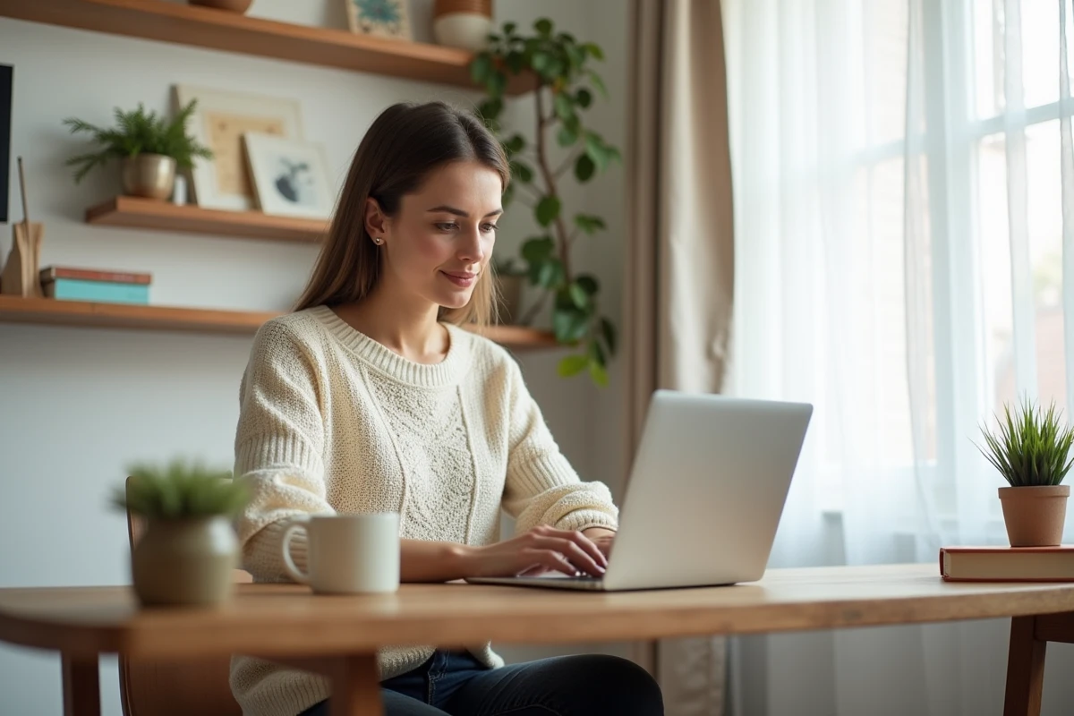 Femme travaillant depuis chez elle à son bureau en bois avec un ordinateur portable, tasse de café et plante verte dans un home office cosy
