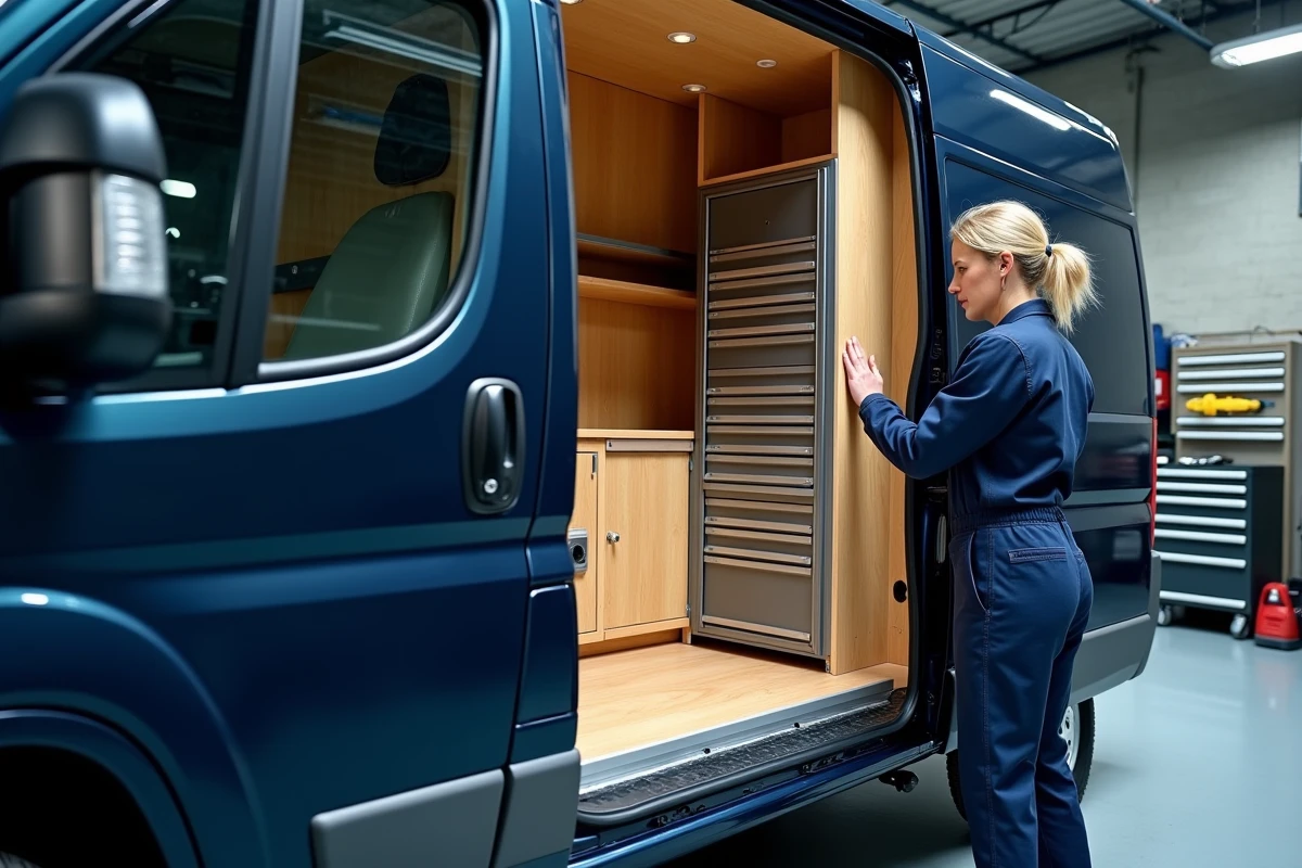 Fiat Ducato aménagé avec étagères et rangements professionnels, illustrant la largeur intérieure exploitable du fourgon pour les métiers du bâtiment