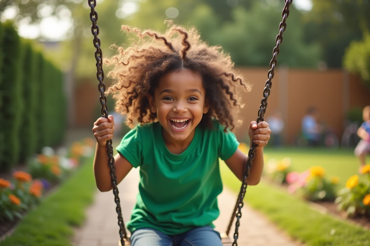 Jeune fille en mouvement sur une balançoire en bois dans le jardin