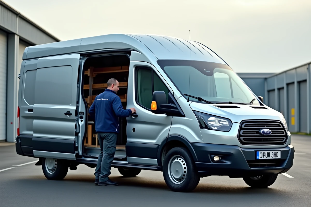 Ford Transit grand format avec portes latérale et arrière ouvertes révélant un aménagement modulaire, illustrant la polyvalence et le gabarit XXL du fourgon